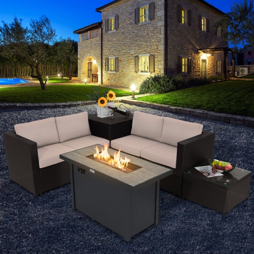 Gymax 5PCS Patio Rattan Furniture Set Fire Pit Table w/ Cover Storage Cushion