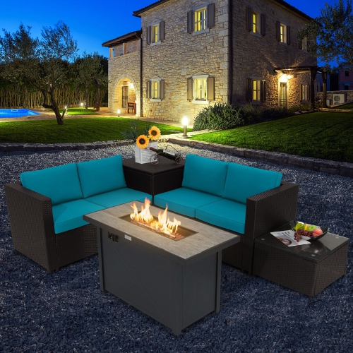 Gymax 5PCS Patio Rattan Furniture Set Fire Pit Table w/ Cover Storage Cushion