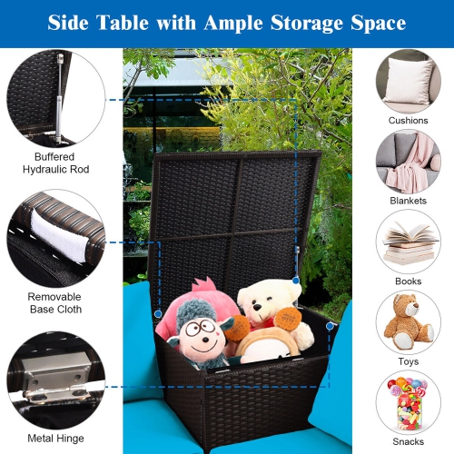 Gymax 5PCS Patio Rattan Furniture Set Fire Pit Table w/ Cover Storage Cushion