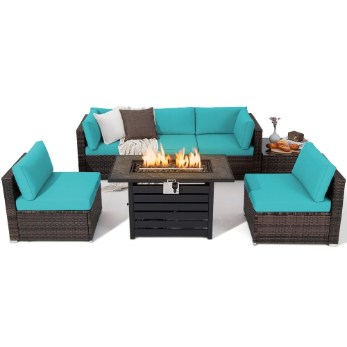 GYMAX  7PCs Patio Rattan Furniture Set 42" Fire Pit Table W/ Cover Cushioned