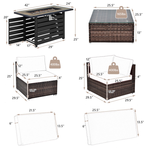 Gymax 7PCS Patio Rattan Furniture Set 42'' Fire Pit Table w/ Cover Cushioned