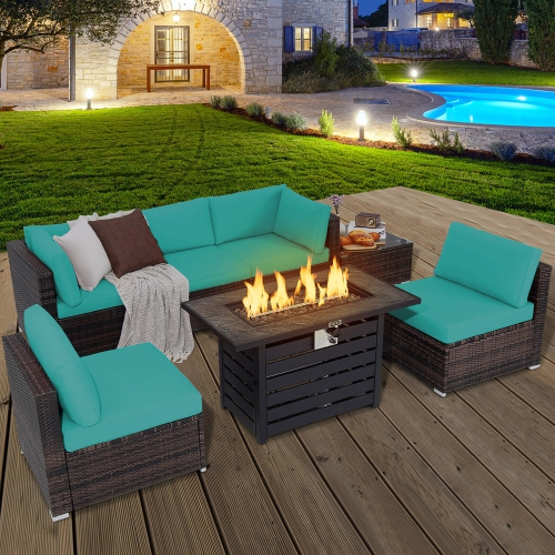 Gymax 7PCS Patio Rattan Furniture Set 42'' Fire Pit Table w/ Cover Cushioned