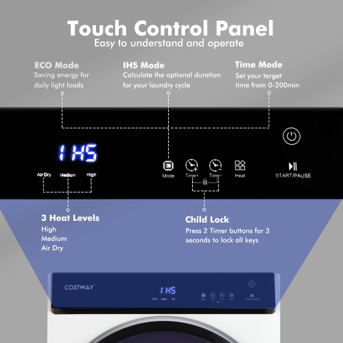Costway 1400W Electric Tumble Compact Laundry Dryer Stainless Steel Tub 8.8lbs /2.6cu.ft