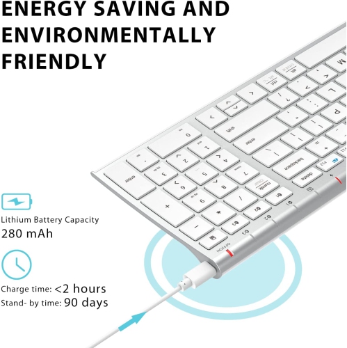 i BK10 Bluetooth Keyboard, Multi Device Keyboard Rechargeable Bluetooth 5.1 with Number Pad Ergonomic Design Full Size Stable Connection Keyboard for