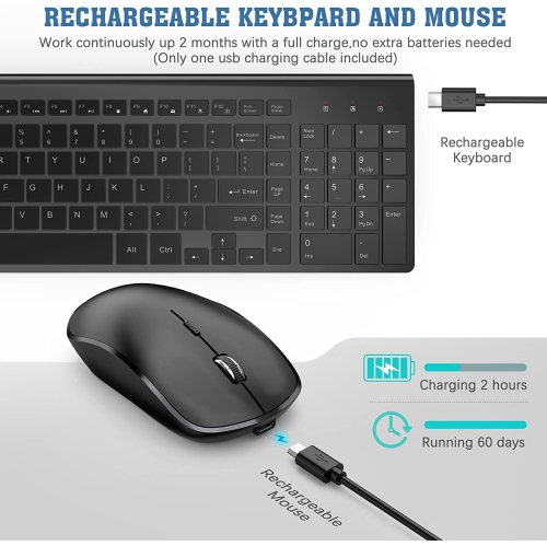 Rechargeable Wireless Keyboard Mouse, Compact Slim Wireless Keyboard and Mouse Combo, Sleek Design and High Precision 2400 DPI for PC, Desktop,
