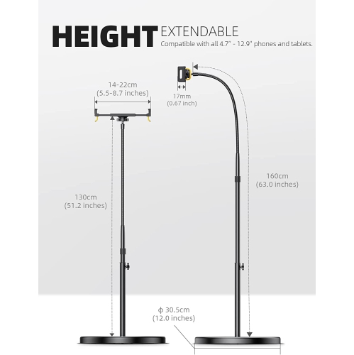 Tablet Floor Stand - L Gooseneck Tablet Holder Mount with Adjustable Height & 10.6lb Stable Base, Compatible with iPad Mini Air Pro 12.9, Galaxy Tab,