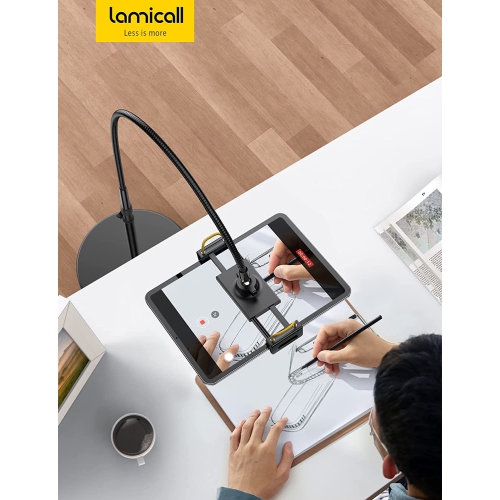 Tablet Floor Stand - L Gooseneck Tablet Holder Mount with Adjustable Height & 10.6lb Stable Base, Compatible with iPad Mini Air Pro 12.9, Galaxy Tab,