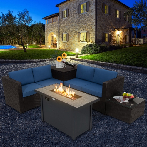 Gymax 5PCS Patio Rattan Furniture Set Fire Pit Table w/ Cover Storage Cushion
