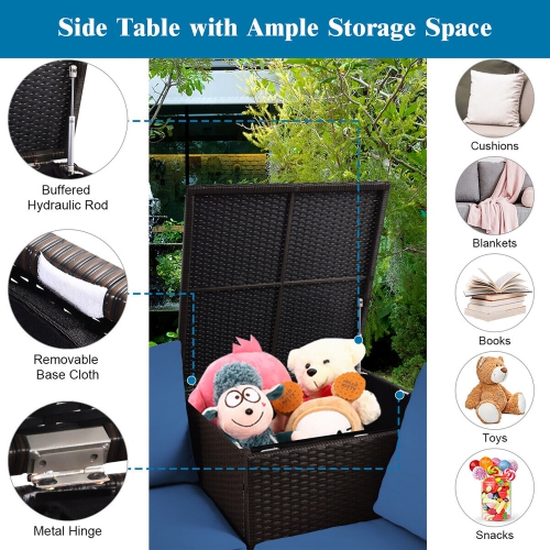 Gymax 5PCS Patio Rattan Furniture Set Fire Pit Table w/ Cover Storage Cushion