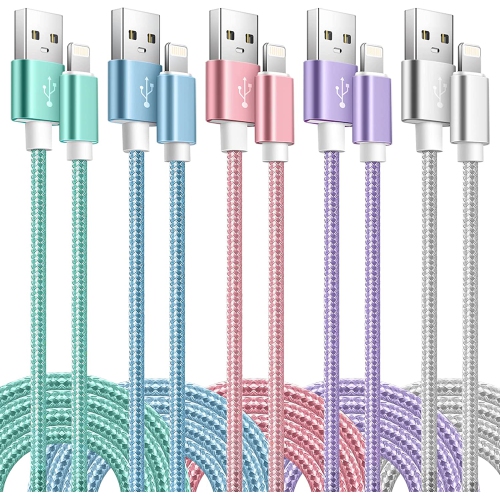 DOLAER  Iphone Charger Cord 5Pack (3/3/6/6/10Ft) 5 Colors Mfi Certified Nylon Braided Iphone Charging Cable Compatible w Iphone 13 12 Pro Max Mini 11