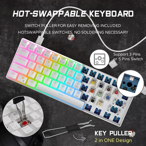 RK ROYAL KLUDGE RK61 Wired 60% Mechanical Gaming Keyboard RGB Backlit Ultra-Compact Red Switch White