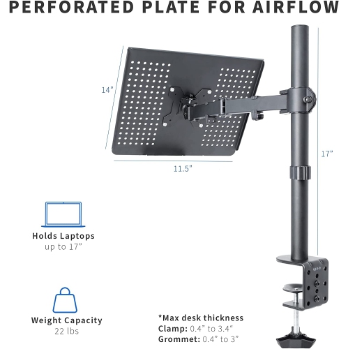 Single Laptop Notebook Desk Mount Stand, Fully Adjustable Extension with C-clamp, Fits up to 17 inch Laptops, Black, STAND-V001L