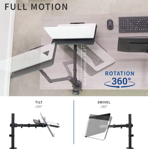 Single Laptop Notebook Desk Mount Stand, Fully Adjustable Extension with C-clamp, Fits up to 17 inch Laptops, Black, STAND-V001L