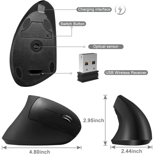 V Ergonomic Mouse, Rechargeable Wireless Mouse, 2.4GHz Rechargeable Wireless Vertical Optical Mice with USB Receiver, 6 Buttons, 800/1200/1600 DPI,