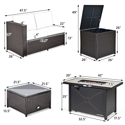 Gymax 5PCS Patio Rattan Furniture Set Fire Pit Table w/ Cover Storage Cushion