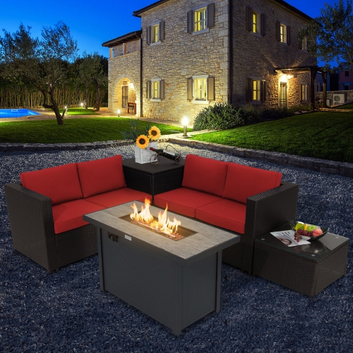 Gymax 5PCS Patio Rattan Furniture Set Fire Pit Table w/ Cover Storage Cushion