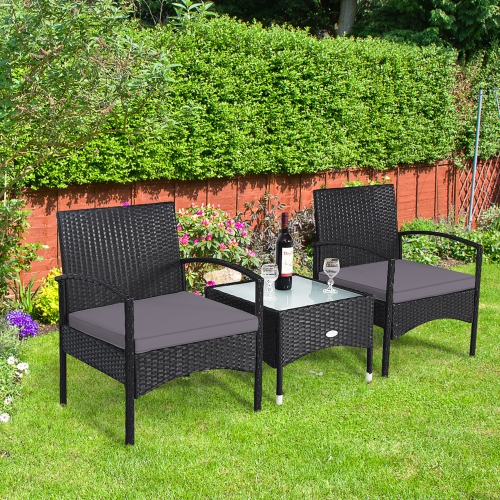 GYMAX  3 PCs Patio Wicker Rattan Furniture Set Coffee Table & 2 Rattan Chair W/ Cushion In Grey