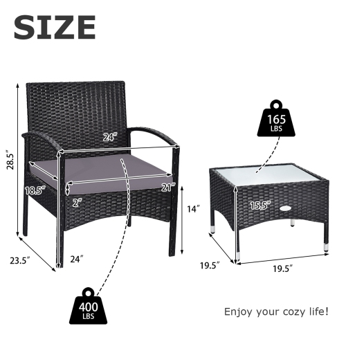 Gymax 3 PCS Patio Wicker Rattan Furniture Set Coffee Table & 2 Rattan Chair w/ Cushion Grey