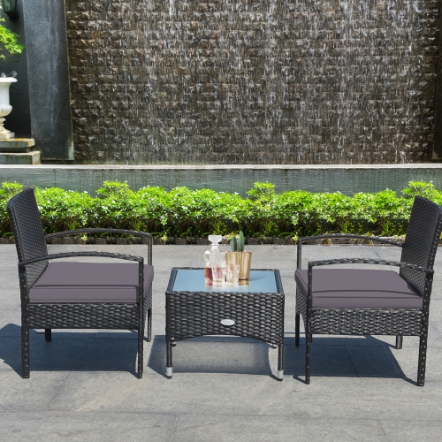 Gymax 3 PCS Patio Wicker Rattan Furniture Set Coffee Table & 2 Rattan Chair w/ Cushion Grey