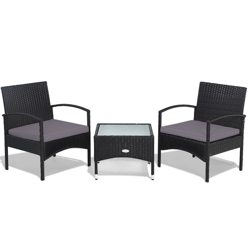 Gymax 3 PCS Patio Wicker Rattan Furniture Set Coffee Table & 2 Rattan Chair w/ Cushion Grey