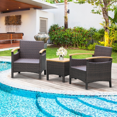 Gymax 3PCS Patio PE Rattan Conversation Furniture Set Bistro Set Acacia Wood Tabletop
