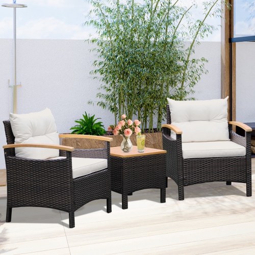 Gymax 3PCS Patio PE Rattan Conversation Furniture Set Bistro Set Acacia Wood Tabletop
