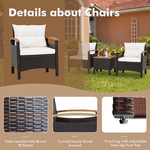 Gymax 3PCS Patio PE Rattan Conversation Furniture Set Bistro Set Acacia Wood Tabletop