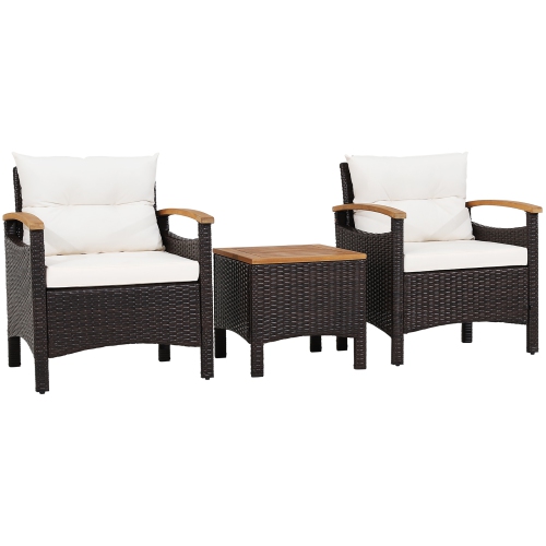 Gymax 3PCS Patio PE Rattan Conversation Furniture Set Bistro Set Acacia Wood Tabletop