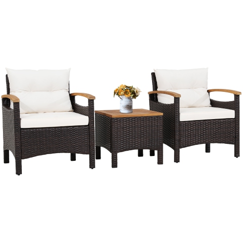 Gymax 3PCS Patio PE Rattan Conversation Furniture Set Bistro Set Acacia Wood Tabletop