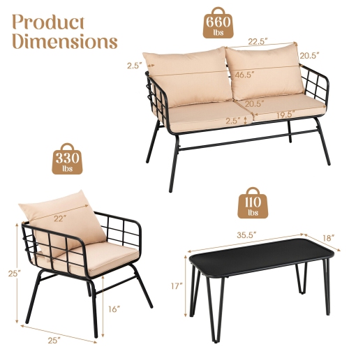 Gymax 4PCS Patio Conversation Set Outdoor Furniture Set w/ Cushions Steel Structure