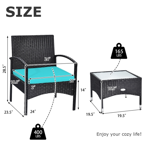 Gymax 3 PCS Patio Wicker Rattan Furniture Set Coffee Table & 2 Rattan Chair w/ Cushion Turquoise