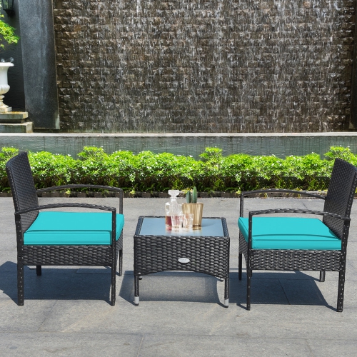Gymax 3 PCS Patio Wicker Rattan Furniture Set Coffee Table & 2 Rattan Chair w/ Cushion Turquoise