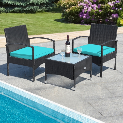 Gymax 3 PCS Patio Wicker Rattan Furniture Set Coffee Table & 2 Rattan Chair w/ Cushion Turquoise