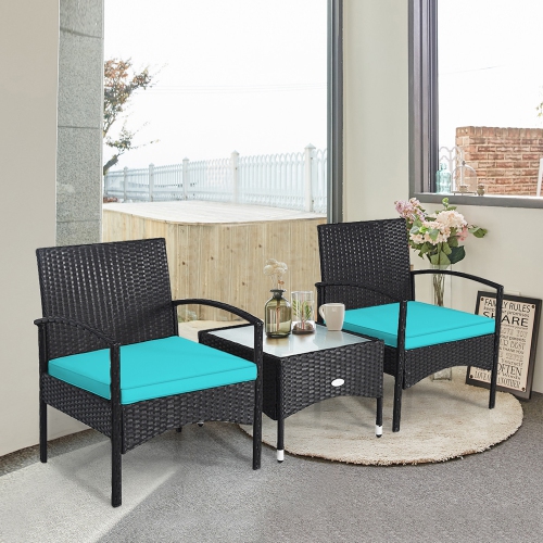 Gymax 3 PCS Patio Wicker Rattan Furniture Set Coffee Table & 2 Rattan Chair w/ Cushion Turquoise