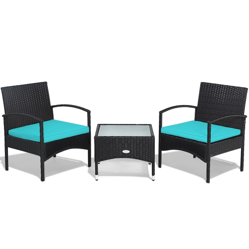 Gymax 3 PCS Patio Wicker Rattan Furniture Set Coffee Table & 2 Rattan Chair w/ Cushion Turquoise