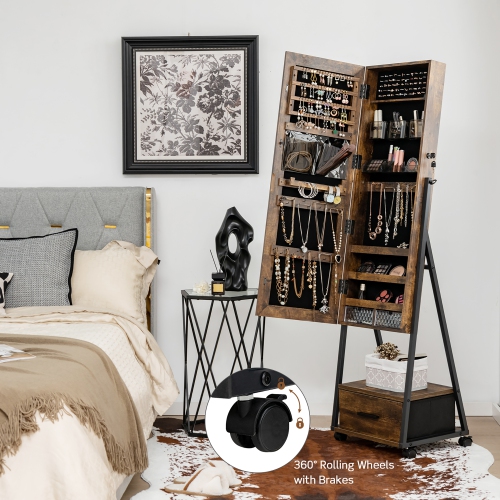 Armoire à bijoux Costway avec miroir pleine longueur verrouillable, tiroir inférieur et roulettes