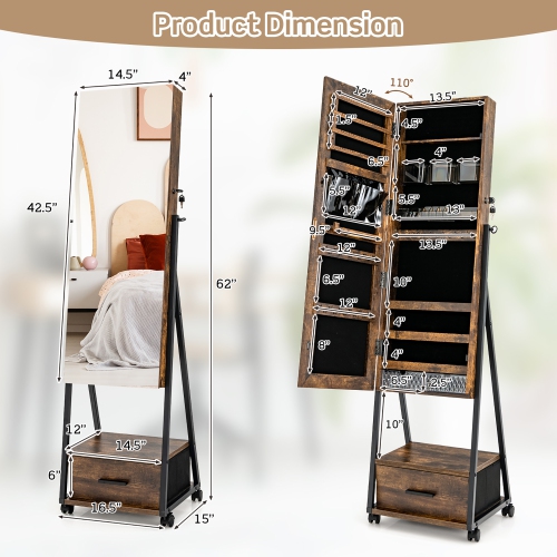 Armoire à bijoux Costway avec miroir pleine longueur verrouillable, tiroir inférieur et roulettes