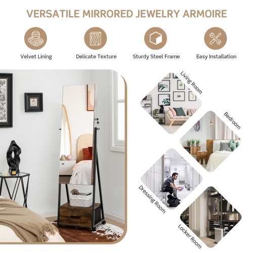 Armoire à bijoux Costway avec miroir pleine longueur verrouillable, tiroir inférieur et roulettes