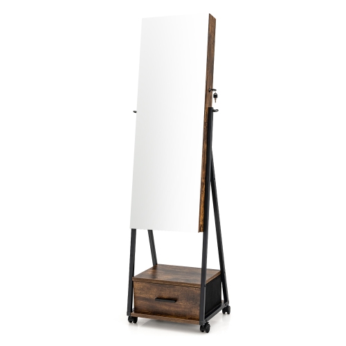 Armoire à bijoux Costway avec miroir pleine longueur verrouillable, tiroir inférieur et roulettes