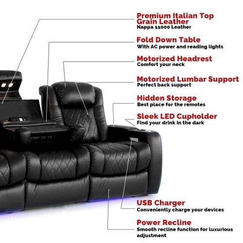 Sièges de cinéma maison Tuscany de Valencia | cuir nappa de grain supérieur 11000, soutien lombaire électrique, appuie-tête électrique,