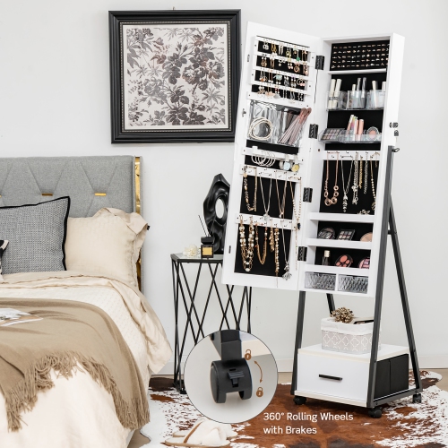 Costway Jewelry Cabinet Armoire Full Length Mirror Lockable w/ Bottom Drawer & Wheels