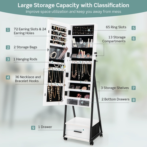 Costway Jewelry Cabinet Armoire Full Length Mirror Lockable w/ Bottom Drawer & Wheels