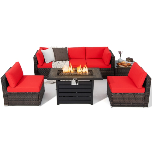 Image 1 de 10.. Gymax 7PCS Patio Rattan Furniture Set 42'' Fire Pit Table w/ Cover Cushioned