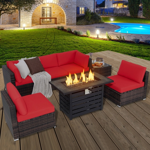 Gymax 7PCS Patio Rattan Furniture Set 42'' Fire Pit Table w/ Cover Cushioned