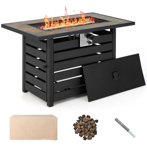 Gymax 7PCS Patio Rattan Furniture Set 42'' Fire Pit Table w/ Cover Cushioned