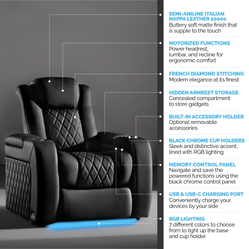 Valencia Tuscany Luxury Recliner Home Theater Seating | Premium Italian Nappa Leather 20000, Power Lumbar & Power Headrest, RGB Lighting