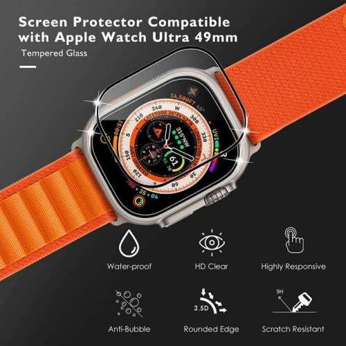 【2 Packs】 CSmart 3D Curved Full Cover Tempered Glass Screen Protector for Apple Watch iWatch Ultra, 49mm, Black