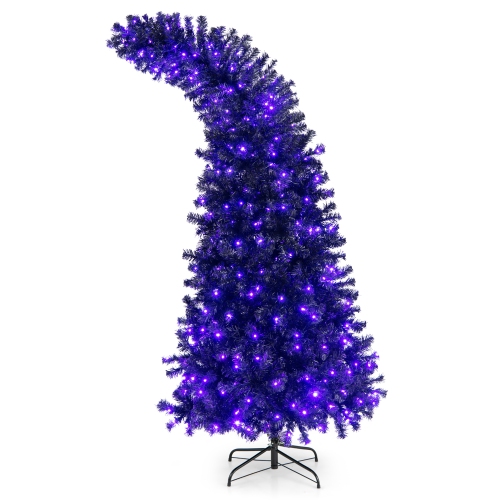 COSTWAY  7Ft Pre-Lit Black Halloween Tree 8 Flash Modes W/ 400 Purple & Lights In Orange