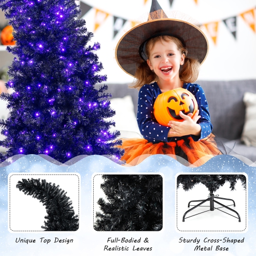 Costway 7FT Pre-Lit Black Halloween Tree 8 Flash Modes w/ 400 Purple & Orange Lights