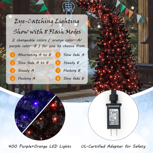Costway 7FT Pre-Lit Black Halloween Tree 8 Flash Modes w/ 400 Purple & Orange Lights